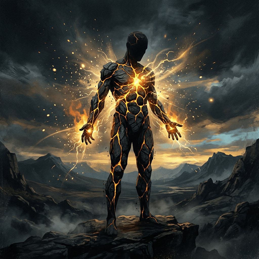 Stone human silhouette with molten-gold energy