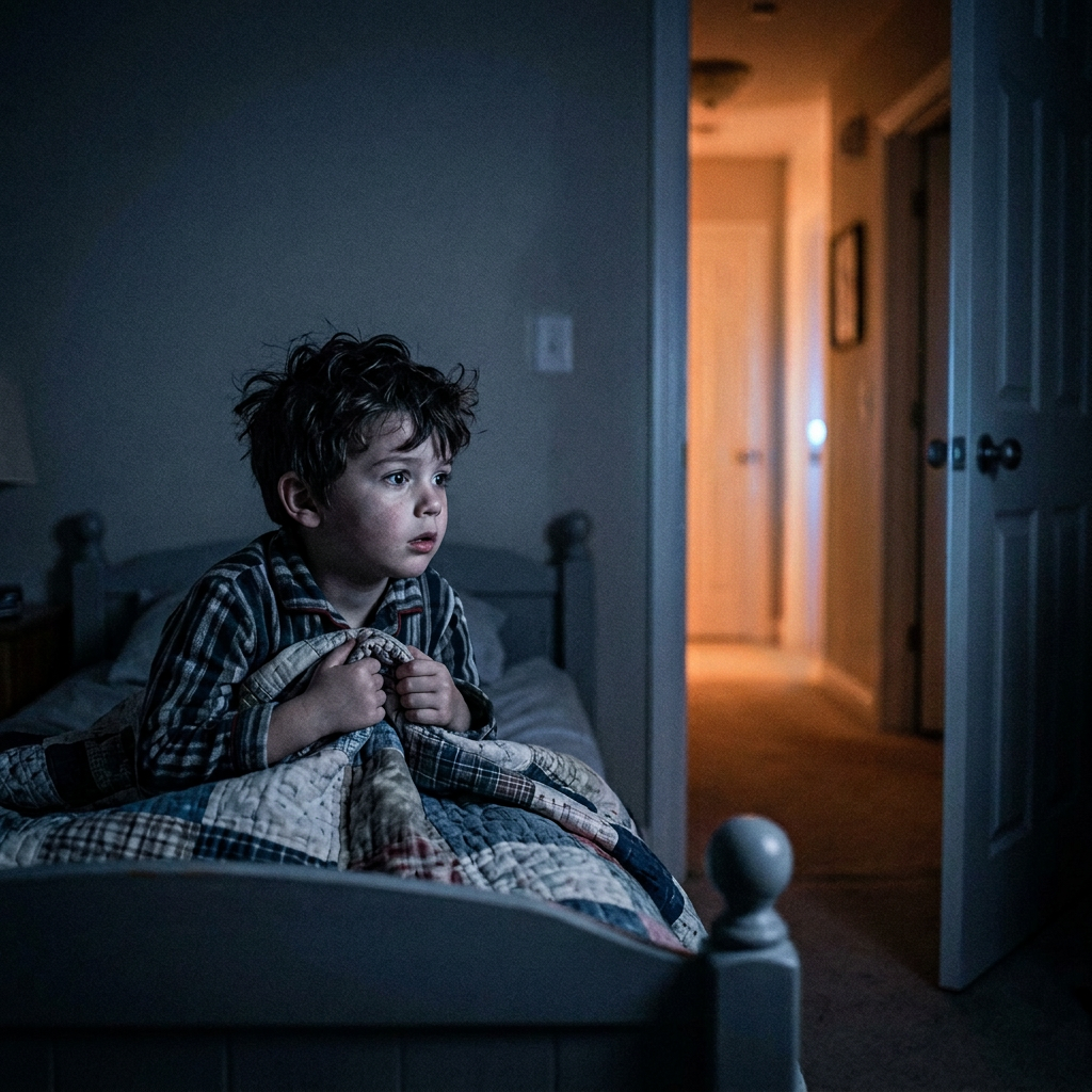 Child awake amid darkness