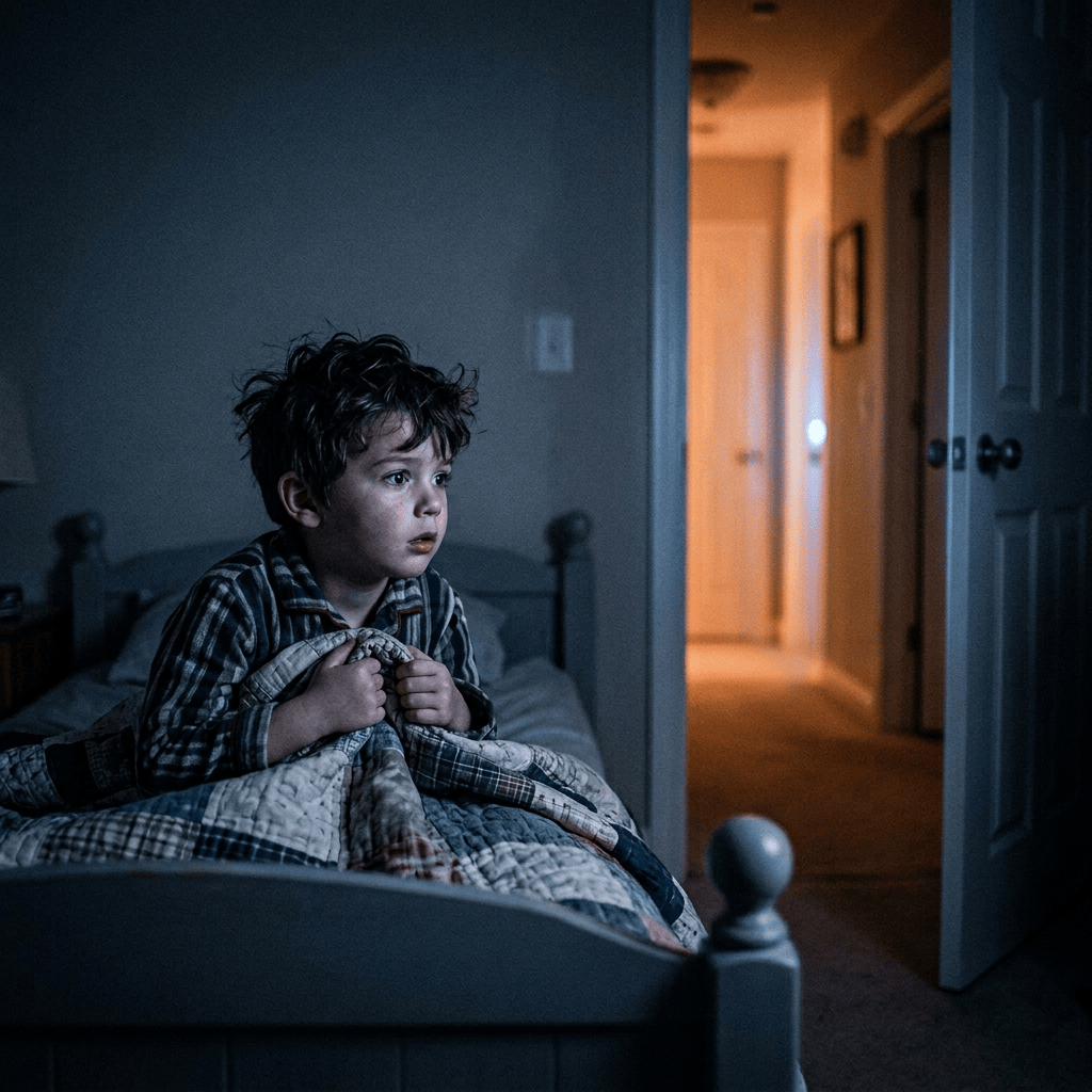 Child awake amid darkness