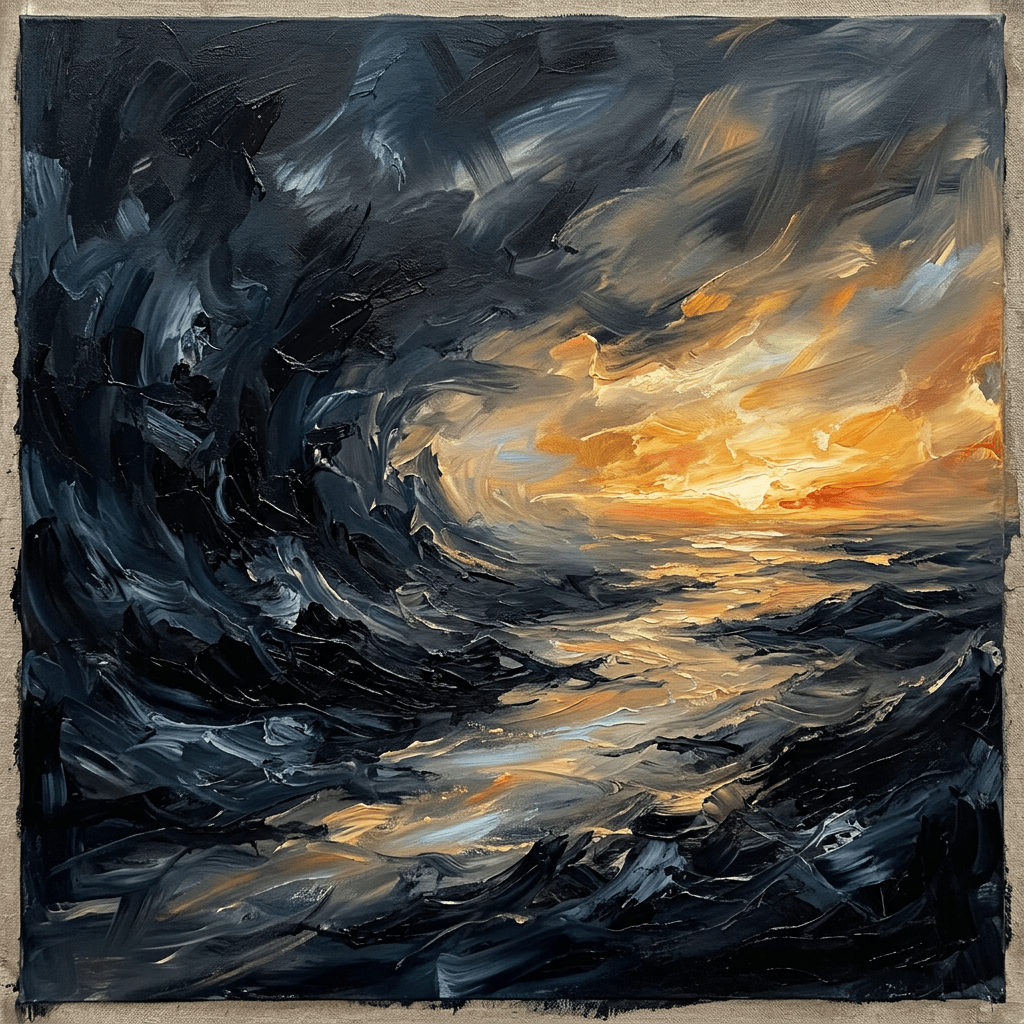 Turbulent dark waves surrounding a glowing sunset over the sea