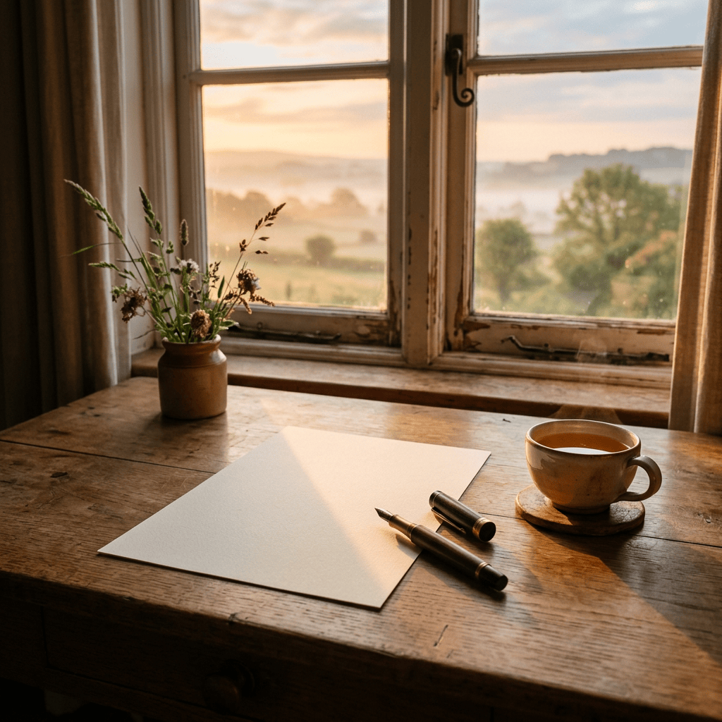 Blank paper, fountain pen, tea, and wildflowers on a wooden table by a window