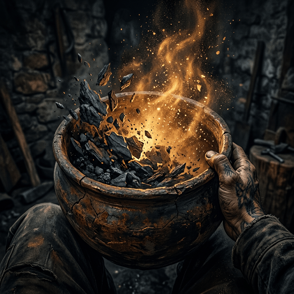 Tattooed hands hold a cracked clay vessel filled with glowing embers and flying sparks.